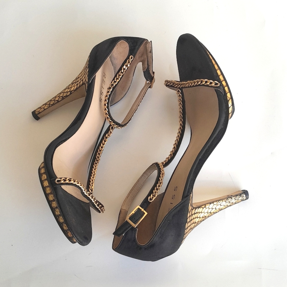 Reiss Chain Strap Heels Black Gold Size 10 - Picture 3 of 12